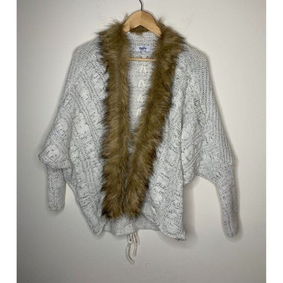 Military Hippie Sweaters - MIlitary Hippie Womens One Size Cardigan Sweater Gray Faux Fur Trim Open Front